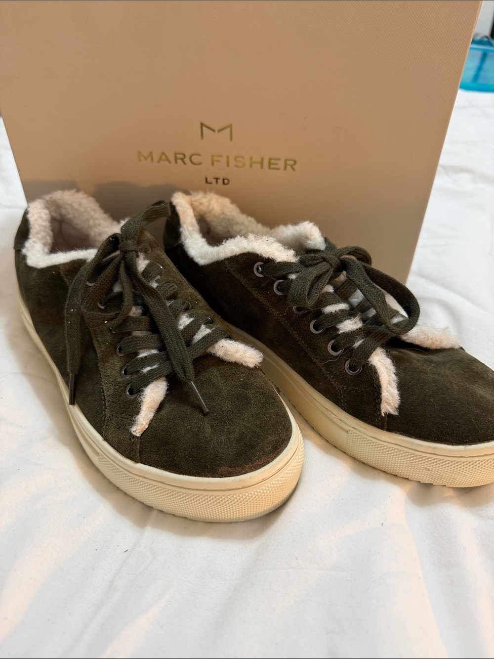Marc Fisher Olive Suede Sneakers with Cream Sherpa Accents